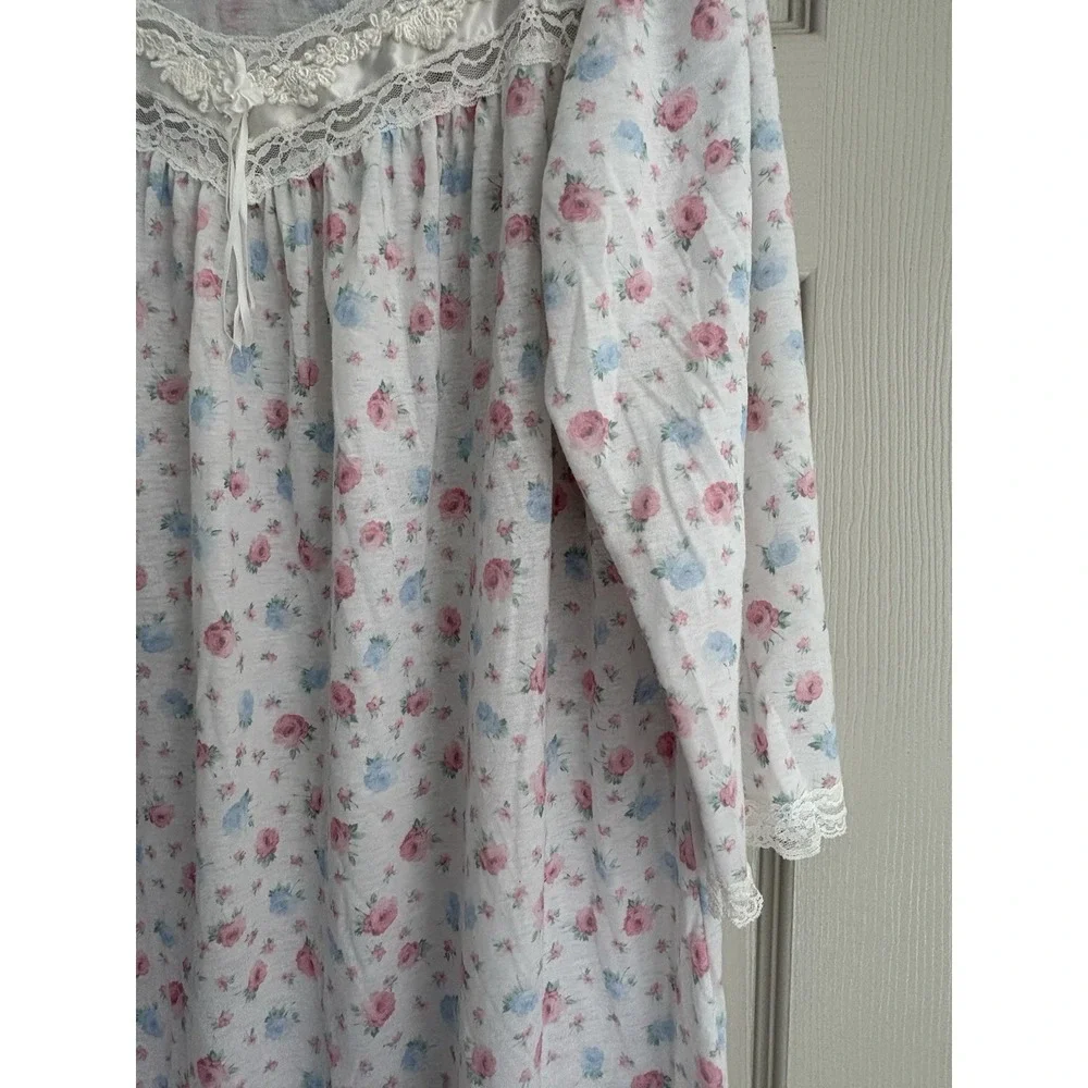 Vintage Miss‎ Elaine Nightgown Floral Lace Cotton Balloon Sleeve Large Flawed